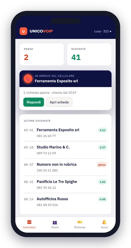 UNICOVOIP sul telefono con una chiamata in arrivo