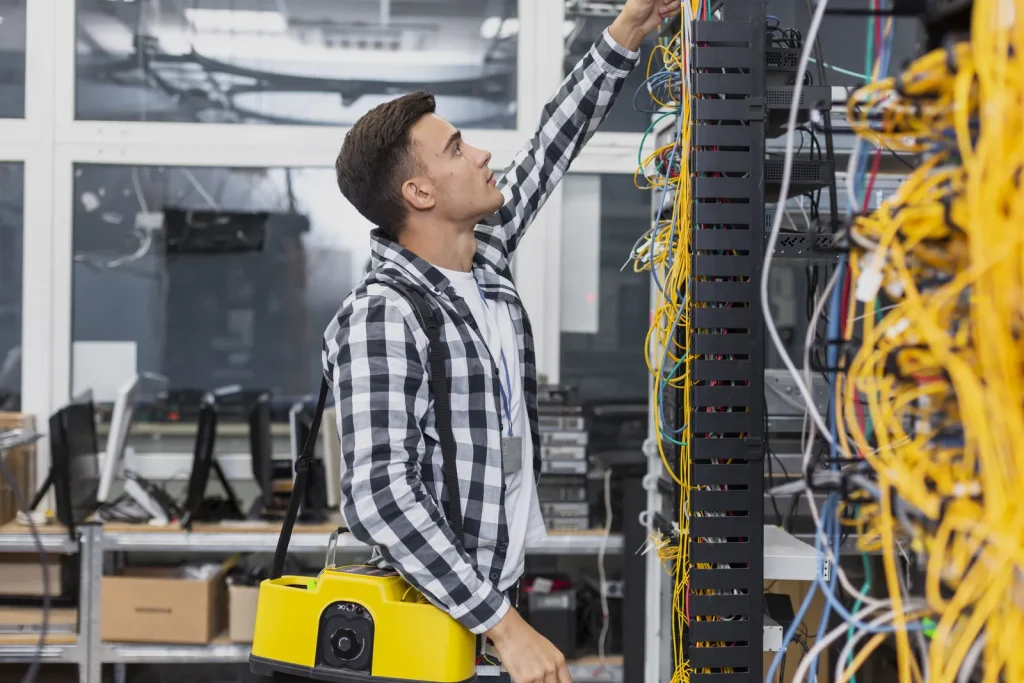 Tecnico con una scatola di apparati controlla gli switch di rete in un locale tecnico