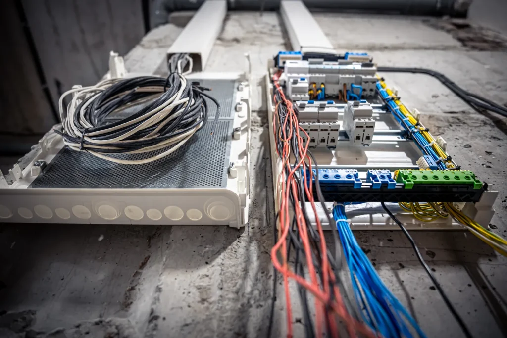 Quadro di permutazione con cavi di rete e fibra ottica in un locale tecnico